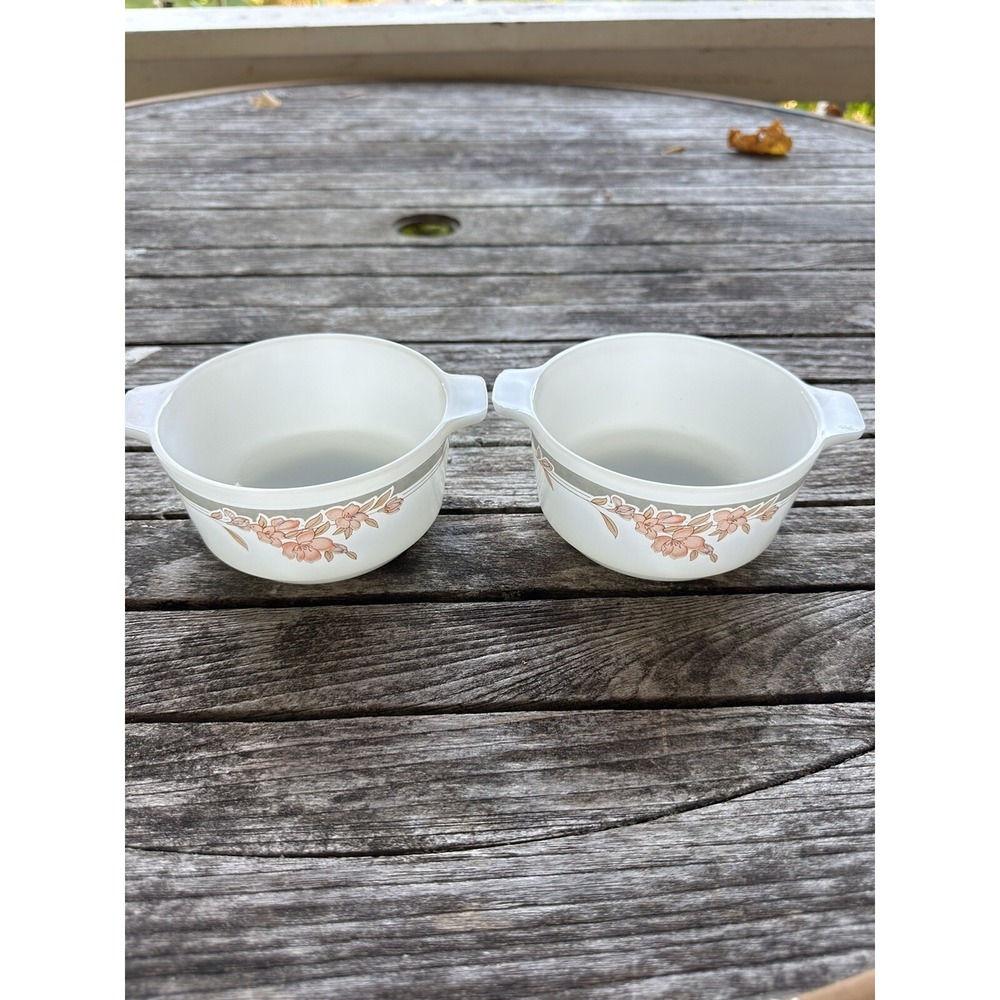 2 Vintage INDOPAL White Milk Glass Bowls Pink Cherry Blossom Floral